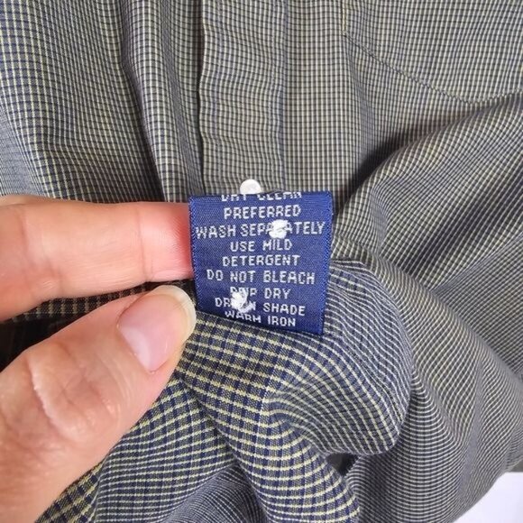 Danjuan Pure Cotton Button Down Shirt Sz 40 Green Navy Checked Preppy Office - Picture 5 of 5